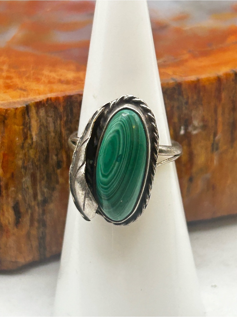 Vintage Sterling Silver Green Malachite Ring - Size 5